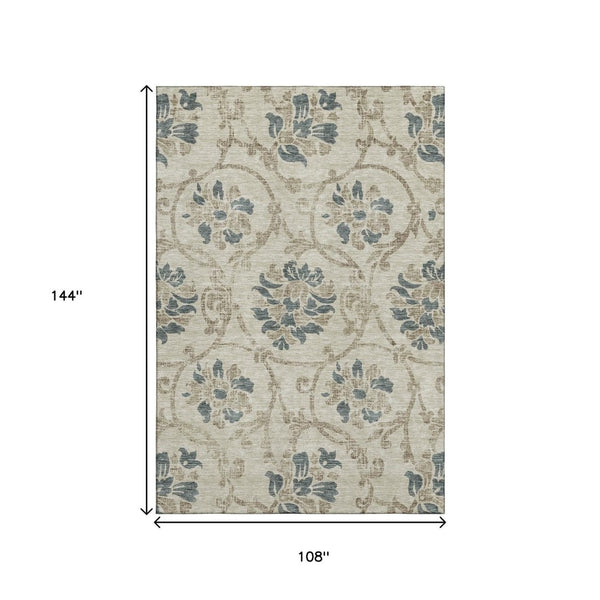HomeRoots 9' X 12' Beige, Blue & Tan Floral Area Rug - Washable, Stain Resistant, UV Protected for Busy Homes 663941