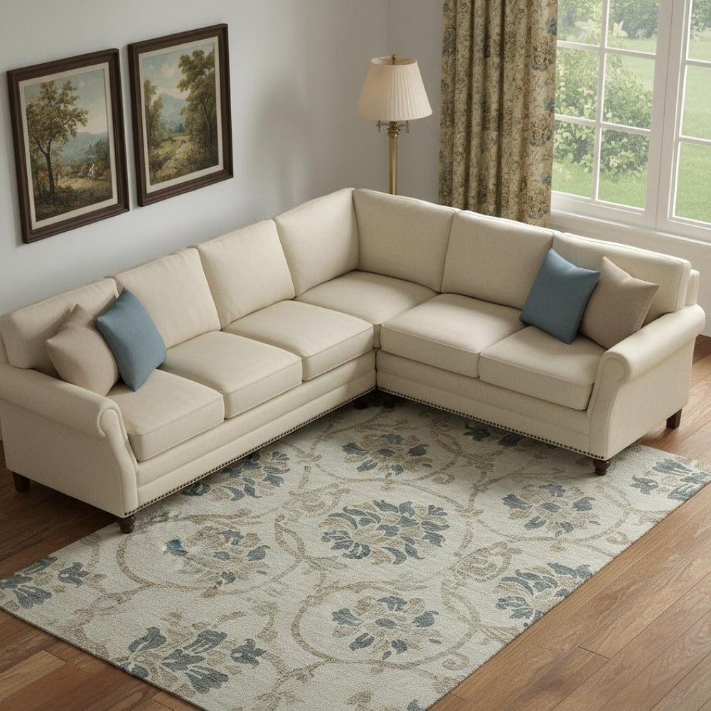 HomeRoots 9' X 12' Beige, Blue & Tan Floral Area Rug - Washable, Stain Resistant, UV Protected for Busy Homes 663941