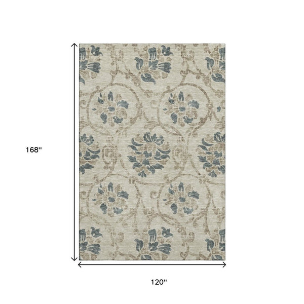 HomeRoots 10' Floral Area Rug in Beige, Blue & Tan - Washable, UV-Protected, Perfect for Busy Homes & Families! 663942