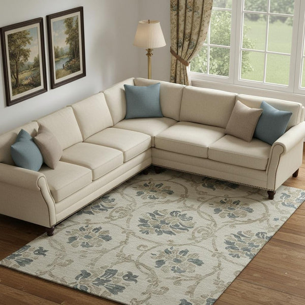 HomeRoots 10' Floral Area Rug in Beige, Blue & Tan - Washable, UV-Protected, Perfect for Busy Homes & Families! 663942