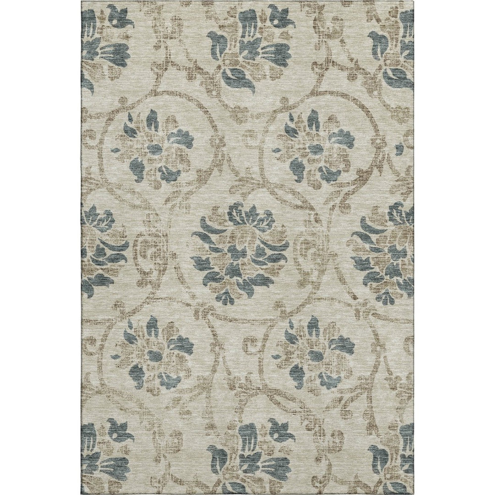 HomeRoots 10' Floral Area Rug in Beige, Blue & Tan - Washable, UV-Protected, Perfect for Busy Homes & Families! 663942
