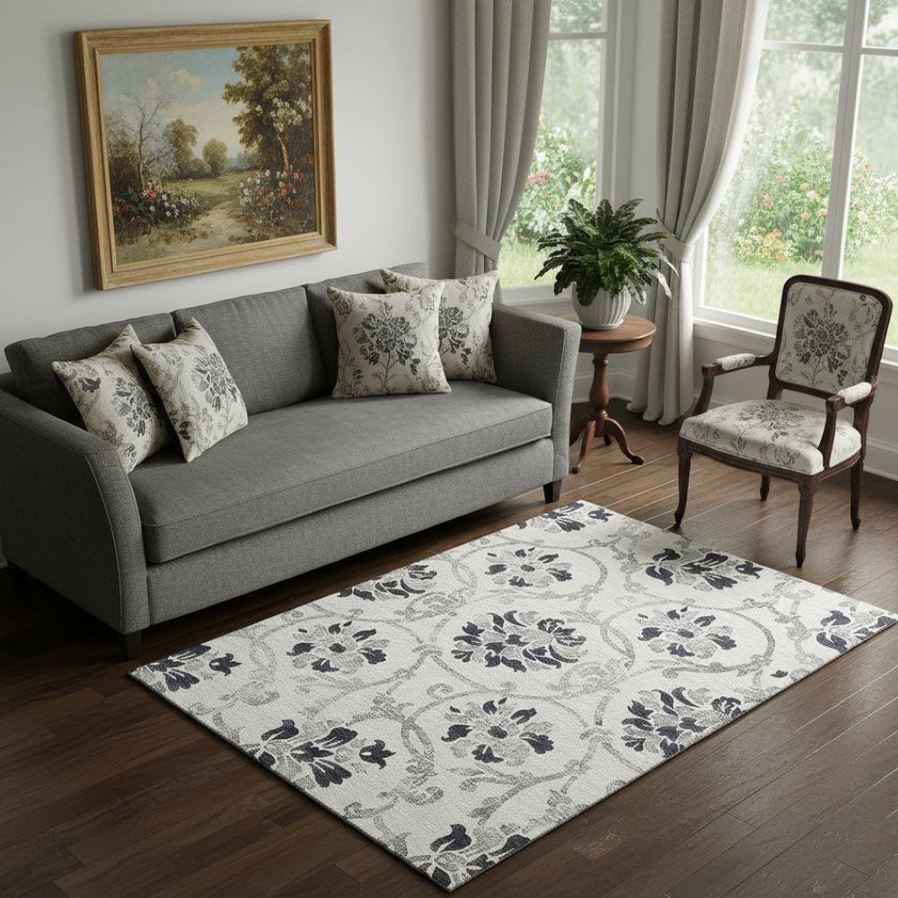 HomeRoots 5' X 8' Black And Ivory Floral Area Rug - Durable, Washable, UV-Protected for Style & Comfort 663944