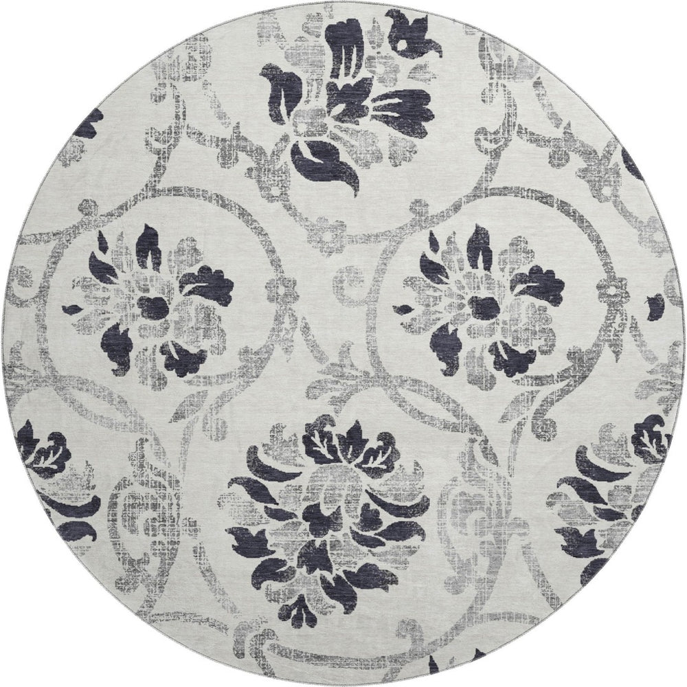 HomeRoots 8' Washable Black and Ivory Floral Round Rug with UV Protection for Elegant, Family-Friendly Living Spaces 663945