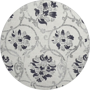 HomeRoots 8' Washable Black and Ivory Floral Round Rug with UV Protection for Elegant, Family-Friendly Living Spaces 663945