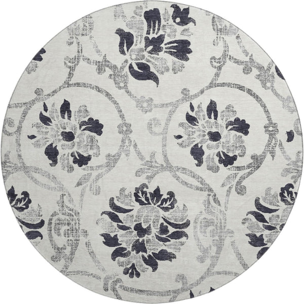 HomeRoots 8' Washable Black and Ivory Floral Round Rug with UV Protection for Elegant, Family-Friendly Living Spaces 663945