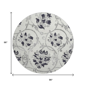 HomeRoots 8' Washable Black and Ivory Floral Round Rug with UV Protection for Elegant, Family-Friendly Living Spaces 663945