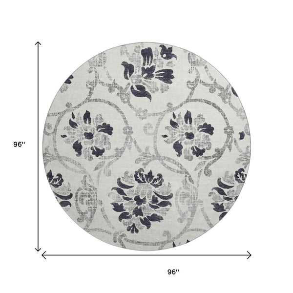 HomeRoots 8' Washable Black and Ivory Floral Round Rug with UV Protection for Elegant, Family-Friendly Living Spaces 663945