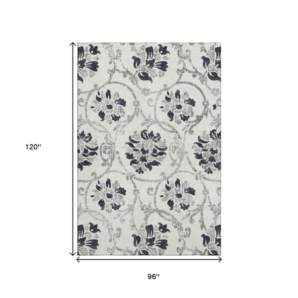 HomeRoots 8' X 10' Elegant Black and Ivory Floral Washable Area Rug with UV Protection for High-Traffic Spaces 663946