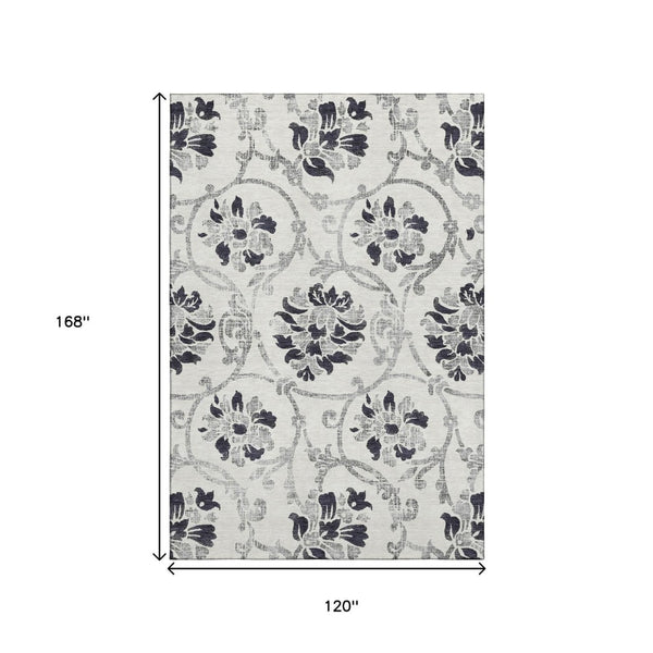 HomeRoots 10' Black and Ivory Floral Washable Area Rug - Durable, UV Protected, Perfect for Busy Homes! 663948
