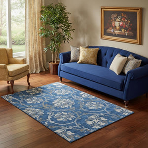 HomeRoots 5' X 8' Elegant Blue Gray and Ivory Floral Washable Area Rug - Stain Resistant with UV Protection 663950