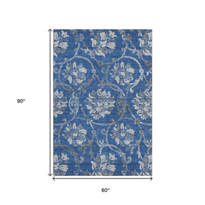 HomeRoots 5' X 8' Elegant Blue Gray and Ivory Floral Washable Area Rug - Stain Resistant with UV Protection 663950