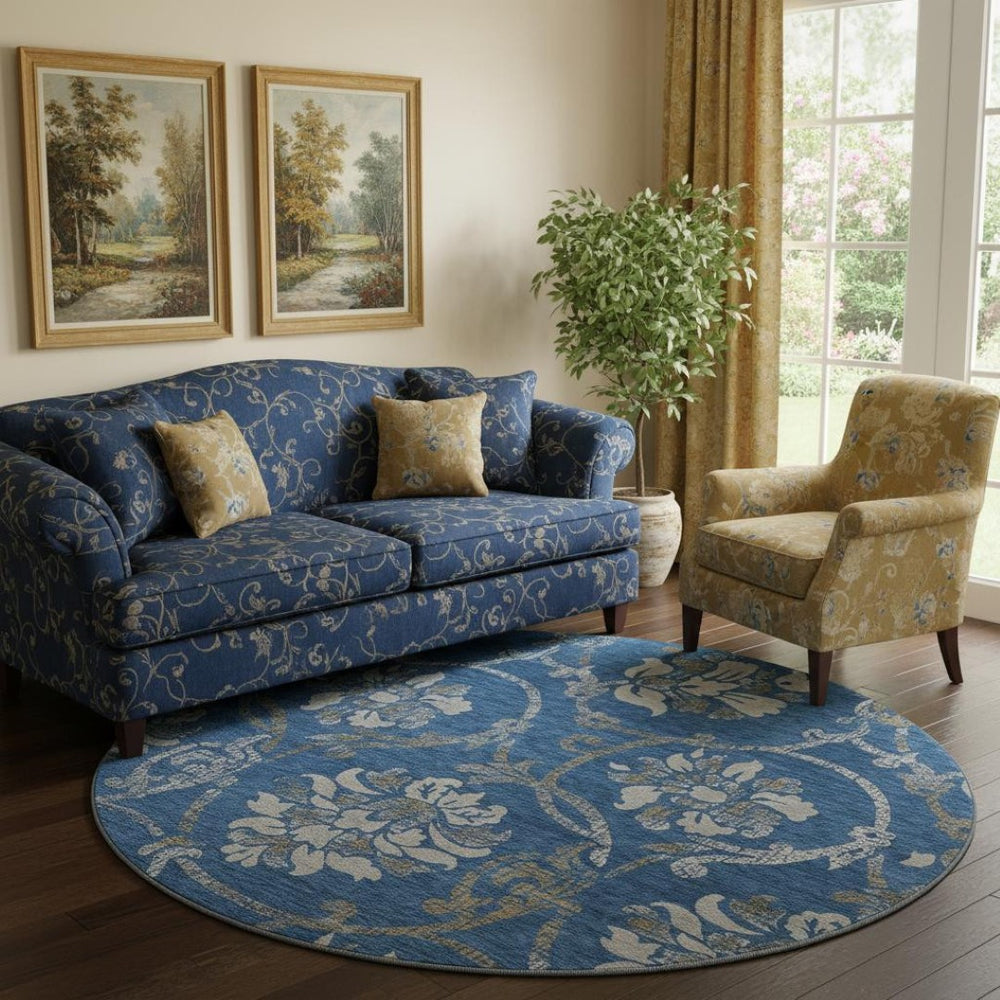 HomeRoots 8' Blue Gray and Ivory Floral Washable Round Rug – Durable, Stain Resistant, UV Protected Elegance 663951
