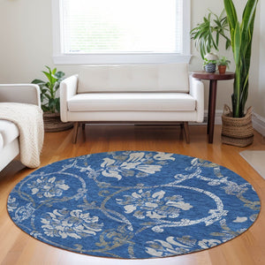 HomeRoots 8' Blue Gray and Ivory Floral Washable Round Rug – Durable, Stain Resistant, UV Protected Elegance 663951