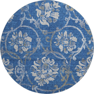 HomeRoots 8' Blue Gray and Ivory Floral Washable Round Rug – Durable, Stain Resistant, UV Protected Elegance 663951