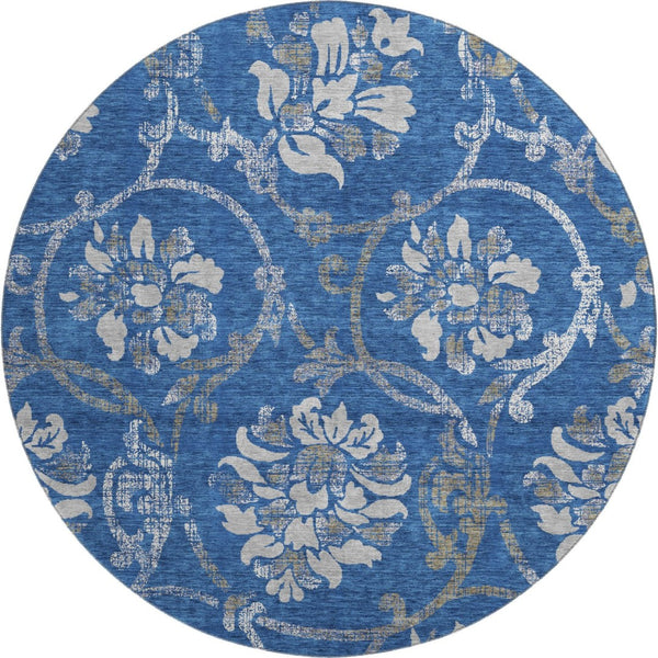 HomeRoots 8' Blue Gray and Ivory Floral Washable Round Rug – Durable, Stain Resistant, UV Protected Elegance 663951