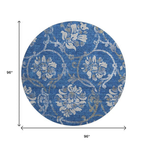 HomeRoots 8' Blue Gray and Ivory Floral Washable Round Rug – Durable, Stain Resistant, UV Protected Elegance 663951
