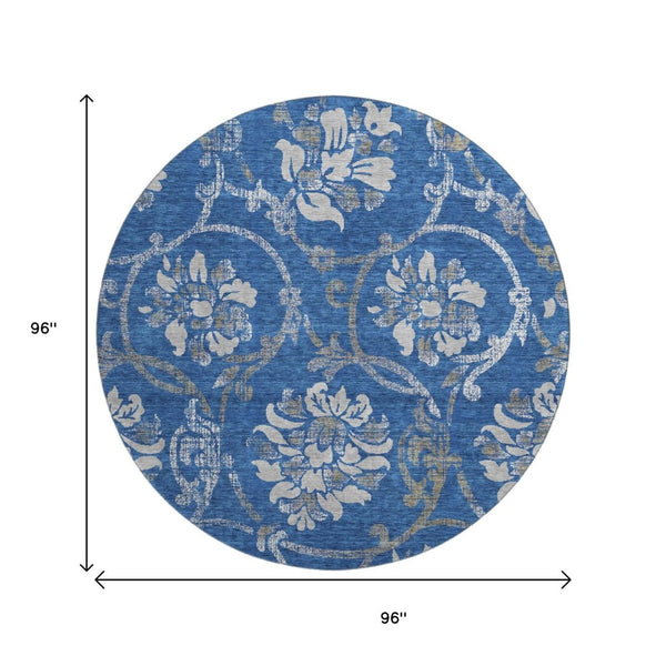 HomeRoots 8' Blue Gray and Ivory Floral Washable Round Rug – Durable, Stain Resistant, UV Protected Elegance 663951