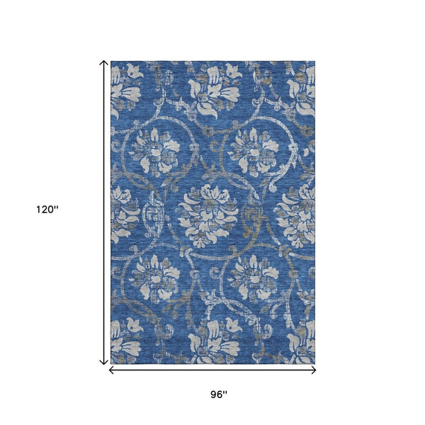 HomeRoots 8' x 10' Elegant Blue Gray and Ivory Floral Area Rug – Washable, UV Protected, Perfect for Homes 663952