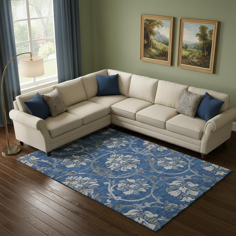 HomeRoots 8' x 10' Elegant Blue Gray and Ivory Floral Area Rug – Washable, UV Protected, Perfect for Homes 663952