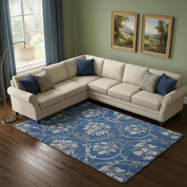 HomeRoots 8' x 10' Elegant Blue Gray and Ivory Floral Area Rug – Washable, UV Protected, Perfect for Homes 663952