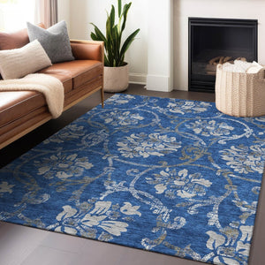 HomeRoots 9' X 12' Elegant Blue-Gray Floral Washable Area Rug with UV Protection for Homes with Kids & Pets 663953