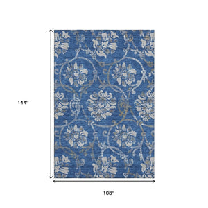 HomeRoots 9' X 12' Elegant Blue-Gray Floral Washable Area Rug with UV Protection for Homes with Kids & Pets 663953