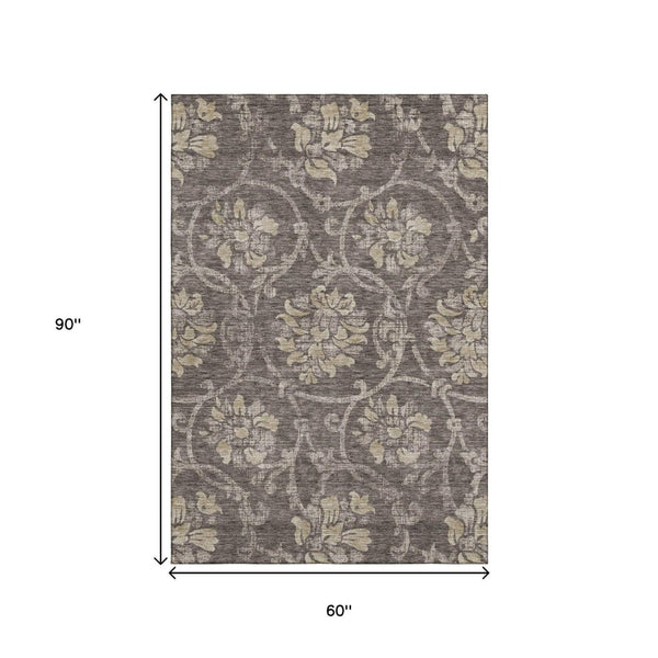 HomeRoots 5' X 8' Floral Area Rug in Brown, Beige & Taupe - Washable, UV Protected, Stain Resistant Elegance 663956