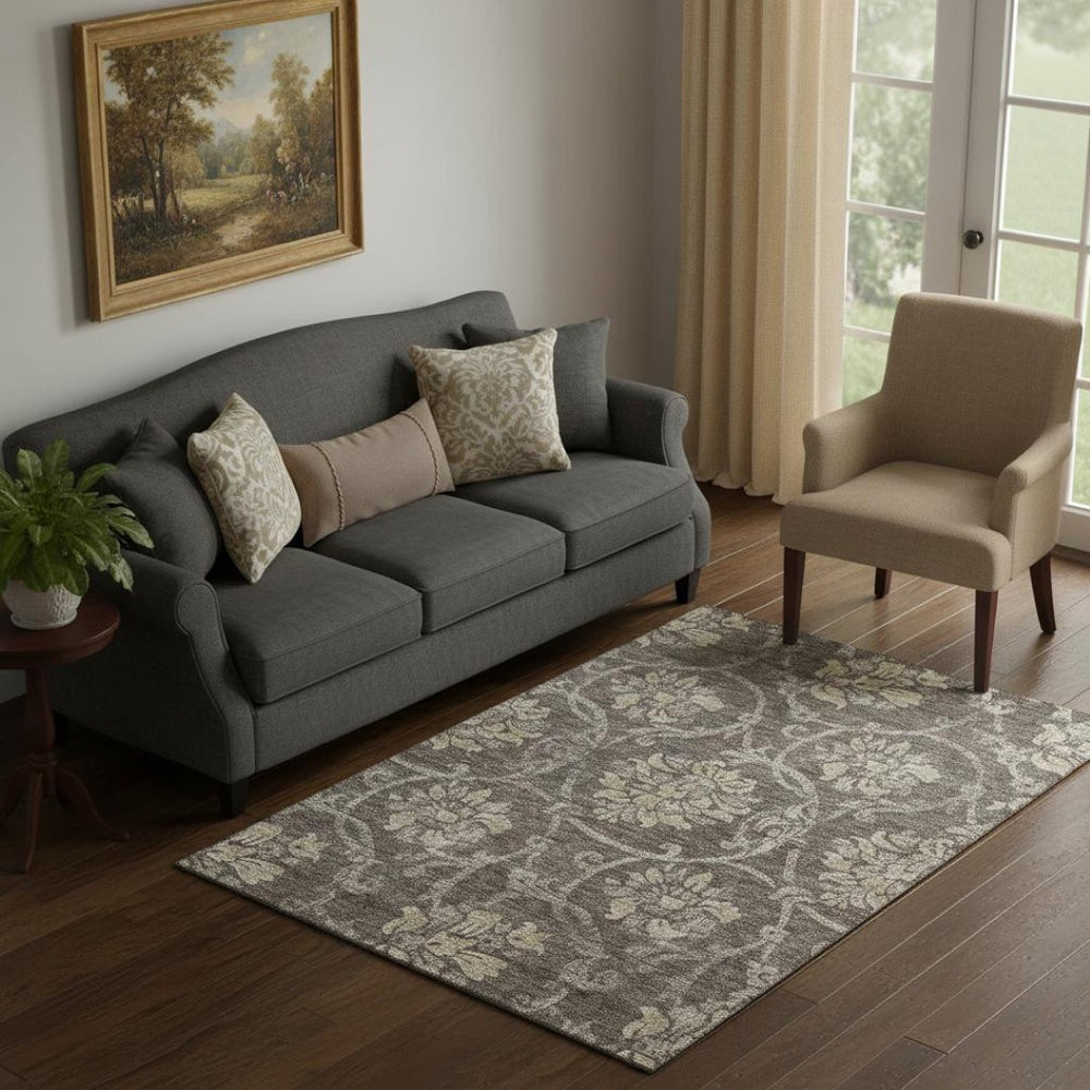 HomeRoots 5' X 8' Floral Area Rug in Brown, Beige & Taupe - Washable, UV Protected, Stain Resistant Elegance 663956
