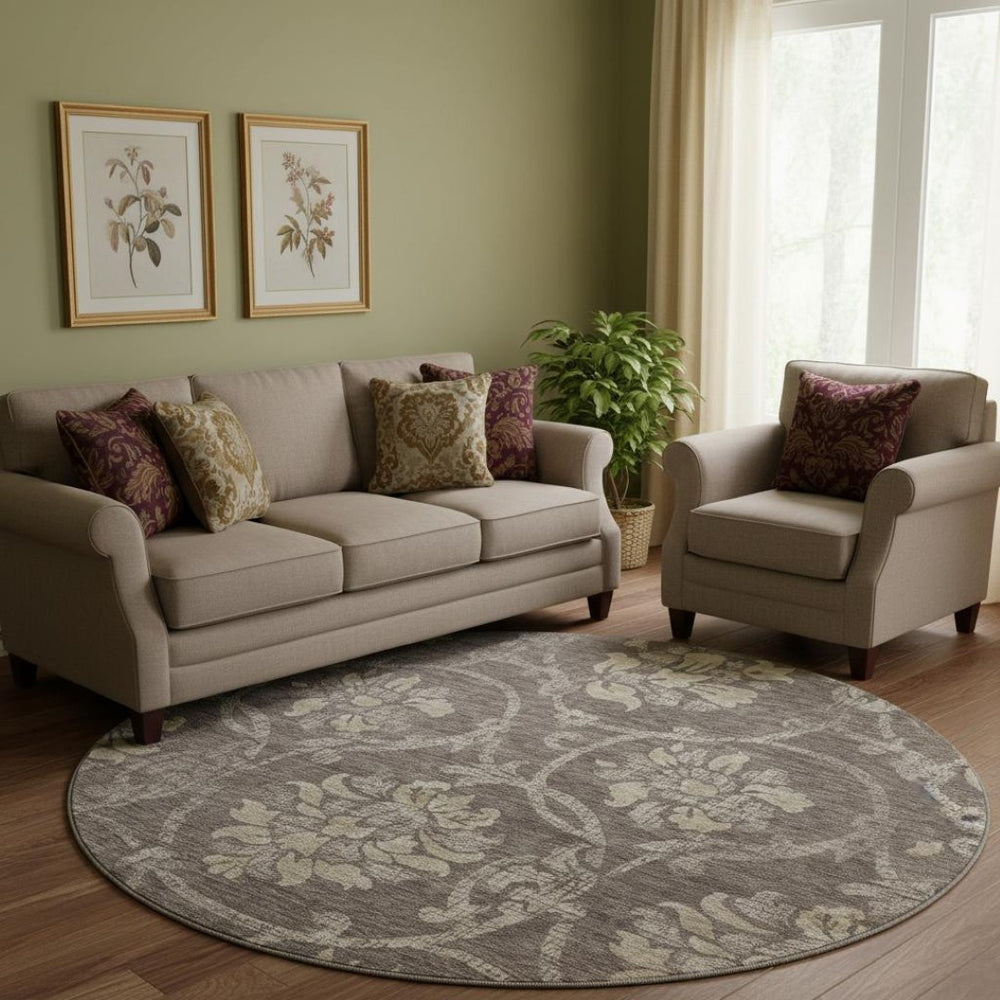 HomeRoots 8' Elegant Floral Washable Round Rug in Brown, Beige & Taupe with UV Protection for All Spaces 663957