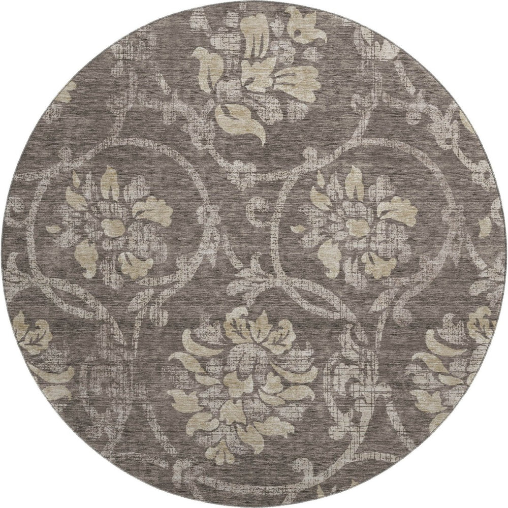 HomeRoots 8' Elegant Floral Washable Round Rug in Brown, Beige & Taupe with UV Protection for All Spaces 663957