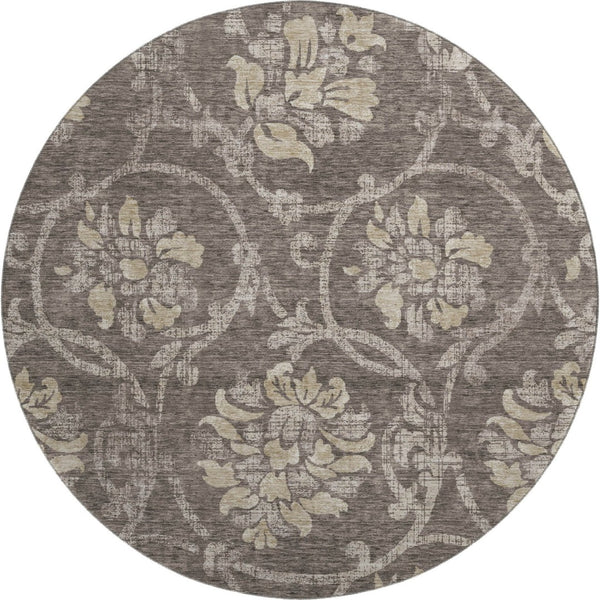 HomeRoots 8' Elegant Floral Washable Round Rug in Brown, Beige & Taupe with UV Protection for All Spaces 663957