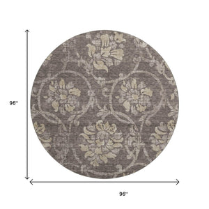 HomeRoots 8' Elegant Floral Washable Round Rug in Brown, Beige & Taupe with UV Protection for All Spaces 663957