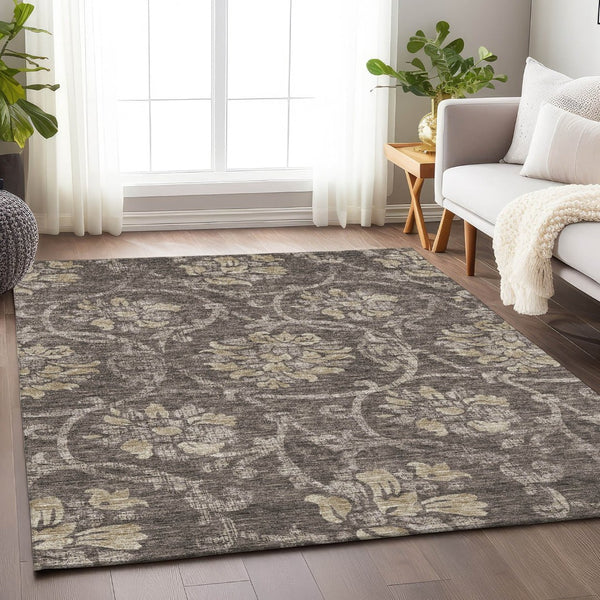 HomeRoots 8' X 10' Washable Floral Area Rug in Brown, Beige & Taupe - UV Protected, Family-Friendly Design 663958