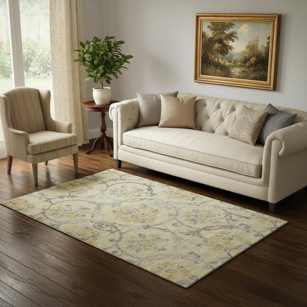HomeRoots 5' X 8' Elegant Gold Gray Silver Floral Washable Area Rug with UV Protection for Everyday Living 663962