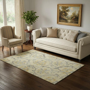 HomeRoots 5' X 8' Elegant Gold Gray Silver Floral Washable Area Rug with UV Protection for Everyday Living 663962