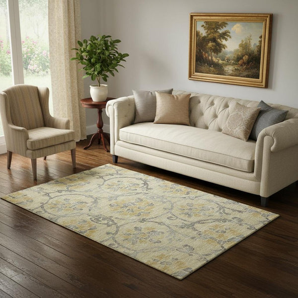 HomeRoots 5' X 8' Elegant Gold Gray Silver Floral Washable Area Rug with UV Protection for Everyday Living 663962