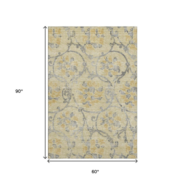 HomeRoots 5' X 8' Elegant Gold Gray Silver Floral Washable Area Rug with UV Protection for Everyday Living 663962