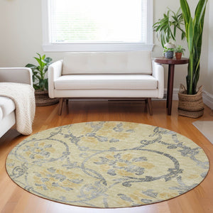 HomeRoots 8' Gold, Gray & Silver Floral Washable Round Rug - Durable, UV-Protected, Ideal for High-Traffic Areas 663963