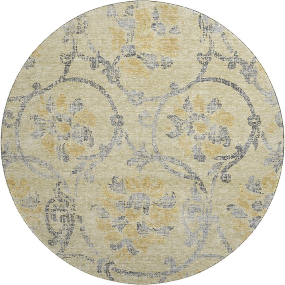 HomeRoots 8' Gold, Gray & Silver Floral Washable Round Rug - Durable, UV-Protected, Ideal for High-Traffic Areas 663963
