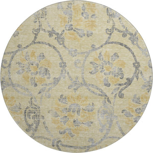 HomeRoots 8' Gold, Gray & Silver Floral Washable Round Rug - Durable, UV-Protected, Ideal for High-Traffic Areas 663963