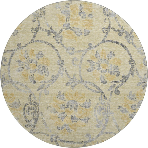 HomeRoots 8' Gold, Gray & Silver Floral Washable Round Rug - Durable, UV-Protected, Ideal for High-Traffic Areas 663963