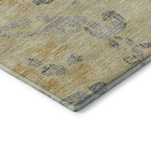 HomeRoots 8' Gold, Gray & Silver Floral Washable Round Rug - Durable, UV-Protected, Ideal for High-Traffic Areas 663963