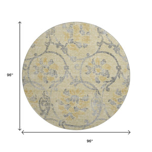 HomeRoots 8' Gold, Gray & Silver Floral Washable Round Rug - Durable, UV-Protected, Ideal for High-Traffic Areas 663963