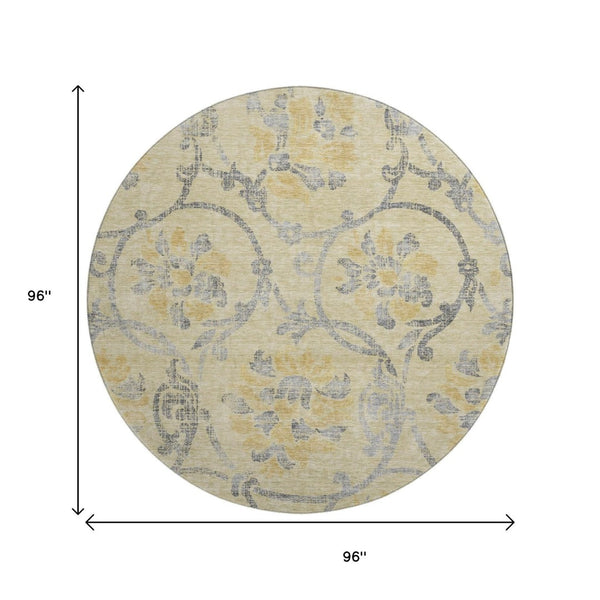 HomeRoots 8' Gold, Gray & Silver Floral Washable Round Rug - Durable, UV-Protected, Ideal for High-Traffic Areas 663963