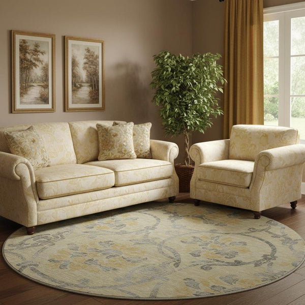 HomeRoots 8' Gold, Gray & Silver Floral Washable Round Rug - Durable, UV-Protected, Ideal for High-Traffic Areas 663963