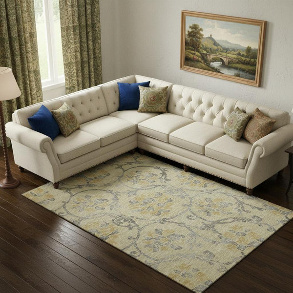 HomeRoots 8' X 10' Elegant Gold Gray Silver Floral Area Rug - Stain Resistant, UV Protected & Machine-Woven 663964