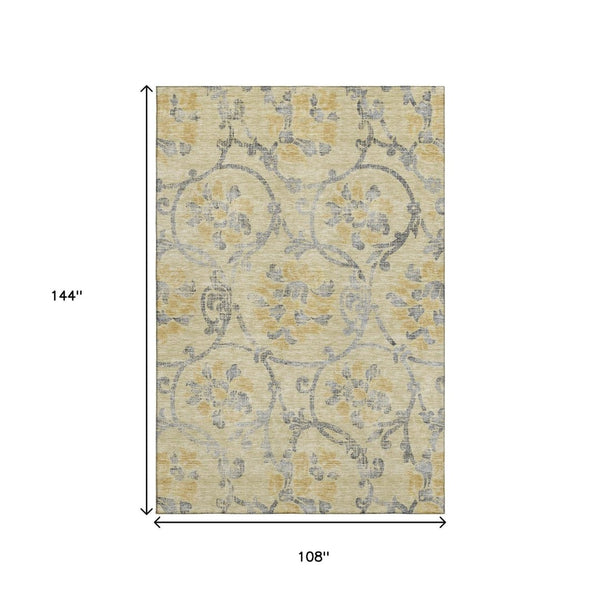 HomeRoots 9' X 12' Washable Floral Area Rug with UV Protection – Elegant Gold, Gray & Silver Design for Homes 663965