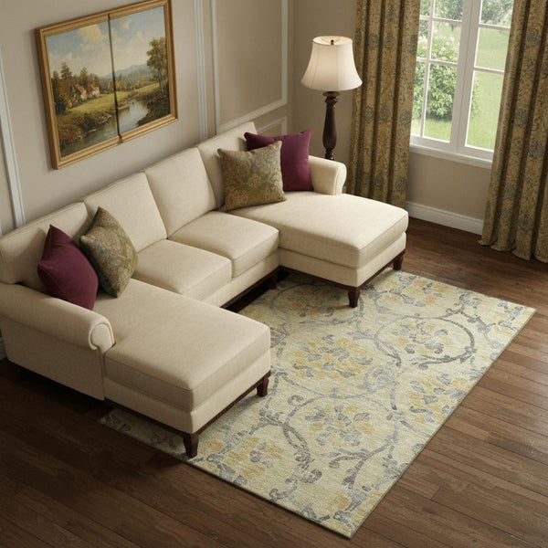 HomeRoots 9' X 12' Washable Floral Area Rug with UV Protection – Elegant Gold, Gray & Silver Design for Homes 663965