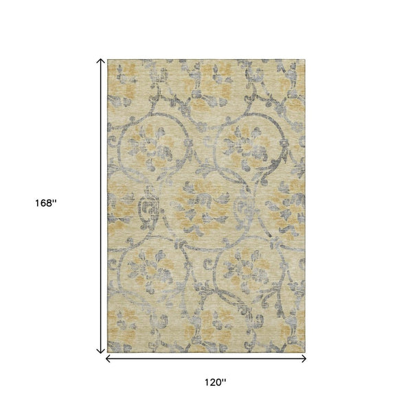 HomeRoots 10' Gold, Gray & Silver Floral Washable Area Rug - Durable, UV-Protected & Perfect for Any Space! 663966