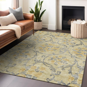 HomeRoots 10' Gold, Gray & Silver Floral Washable Area Rug - Durable, UV-Protected & Perfect for Any Space! 663966
